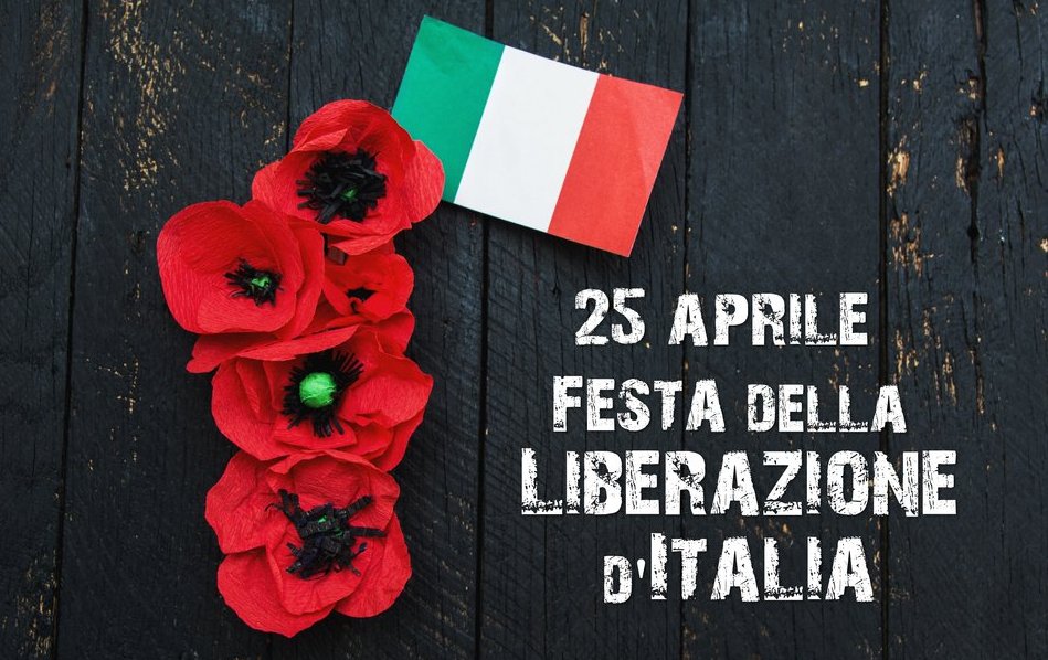 April 25 Liberation Day Text in italian card, italy flag and poppy flowers – national public holiday